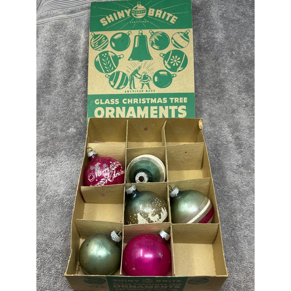 Vintage Shiny Brite Glass Christmas Ornaments 6pc MCM American Made Original Box